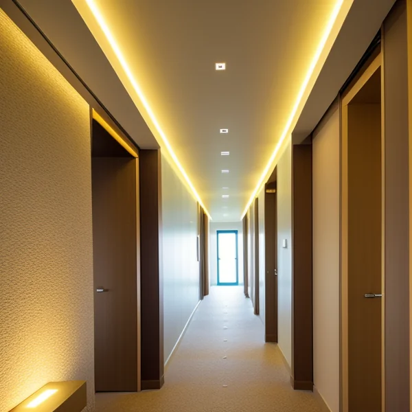 LED осветление и подчертаване на материали и текстури в коридора
