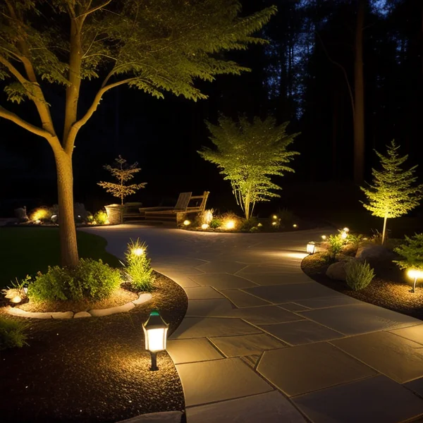 Интегриране на светлинни елементи в градински пейзажи по време на парти