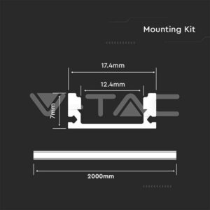 V-TAC VT-10321 Монтажен Kит с Дифузер за LED Лента Алуминиев Мат 2000x17.4x7мм
