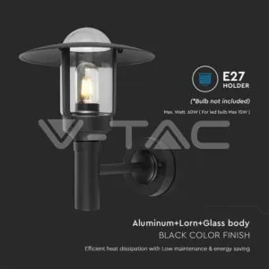 V-TAC VT-10422 E27 Стенен Аплик Черен Цилиндър Шапка Стъкло IP44