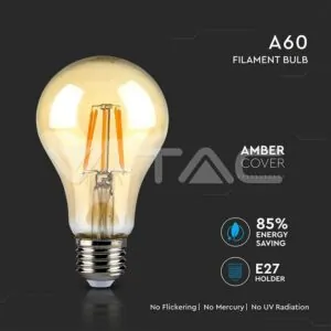 V-TAC VT-282 LED Крушка SAMSUNG Чип Filament 4W E27 A60 Amber 2200K