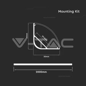 V-TAC VT-3363 Монтажен Kит С Дифузер За LED Лента Алуминиев Мат Вграждане Вътрешен Ъгъл 2000mm