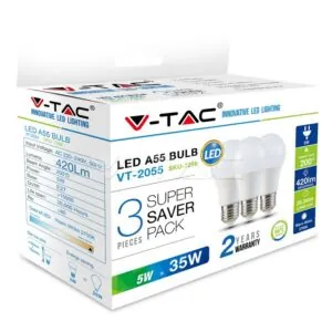 V-TAC VT-7266 LED Крушка 5W E27 A55 Термо Пластик Топло Бяла Светлина 3 бр./Сет