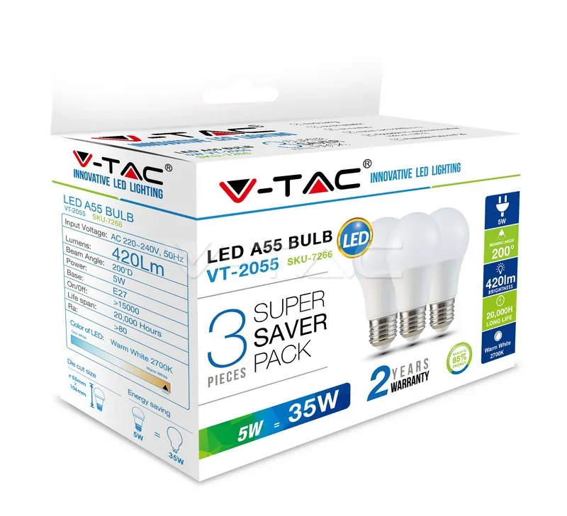 V-TAC VT-7266 LED Крушка 5W E27 A55 Термо Пластик Топло Бяла Светлина 3 бр./Сет