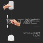 V-TAC VT-7996 8.5W LED Висяща Лампа Φ100 Регулируемо Въже Touch On/Off Бяло Тяло 3000K