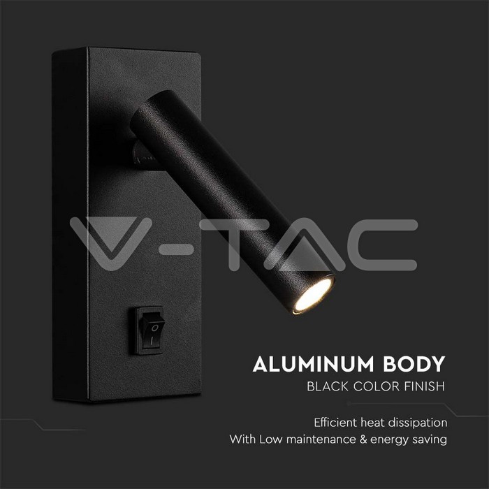 V-TAC VT-10287 2W LED Стенен Аплик Хотел Квадрат 4000K Черно Тяло