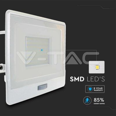 V-TAC VT-20302 50W LED Прожектор PIR Сензор SAMSUNG Чип Бяло Тяло 4000K 1М Кабел