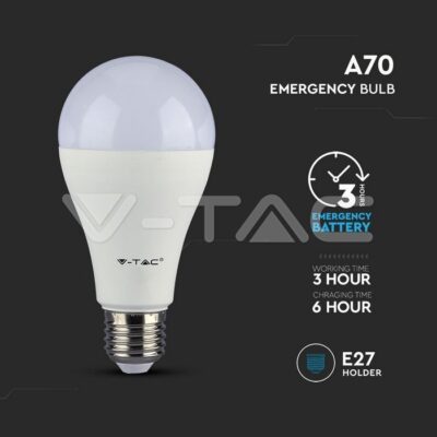 V-TAC VT-2373 LED Крушка - SAMSUNG Чип 9W E27 Авариийна 6400К 3 Часа Батерия