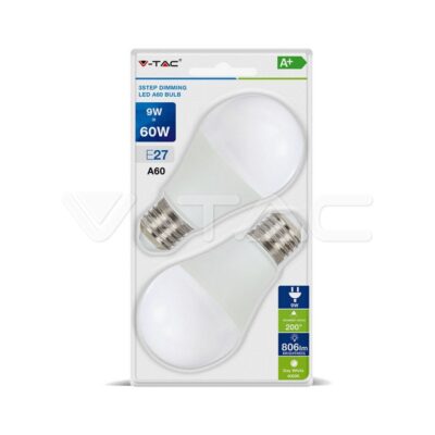 V-TAC VT-7288 LED Крушка 9W А60 Е27 3-Степенно Димиране Топло Бяла Светлина Блистер 2 бр.