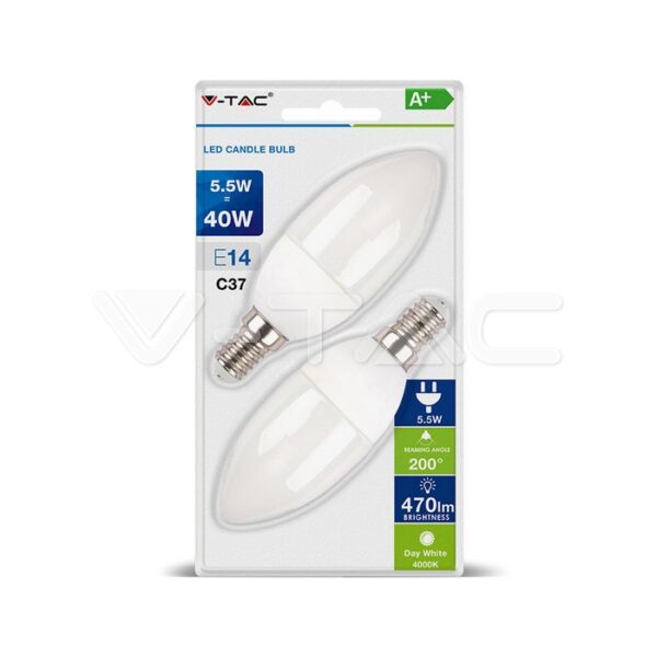 V-TAC VT-7293 LED Крушка 5.5W E14 Кендъл Бяла Светлина 2Бр/Блистер