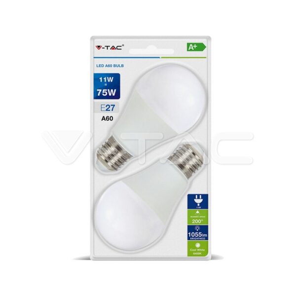 V-TAC VT-7297 LED Крушка 11W А60 Е27 Топло Бяла Светлина Блистер 2 бр.