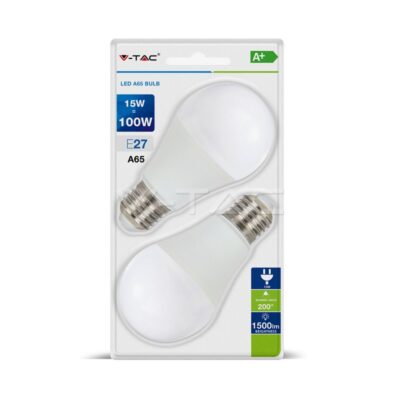 V-TAC VT-7300 LED Крушка 15W E27 A60 Термо Пластик Топло Бяла Светлина 2бр.