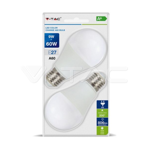 V-TAC VT-7309 LED Крушка 9W А60 Е27 Смяна на Цвета Топло Бяла Светлина 2бр.