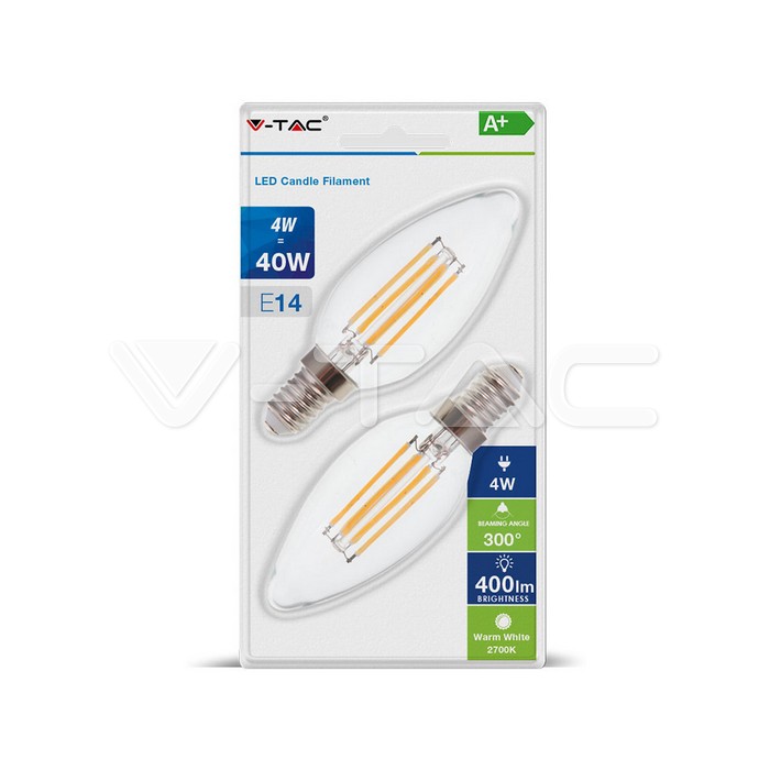 V-TAC VT-7365 LED Крушка 4W Filament E14 Кендъл Мат Топла светлина 2бр/Блистер