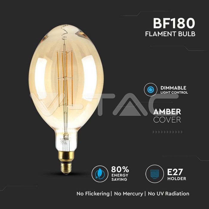 V-TAC VT-7464 LED Крушка 8W Прав Filament Е27 BF180 Димираща 2000K