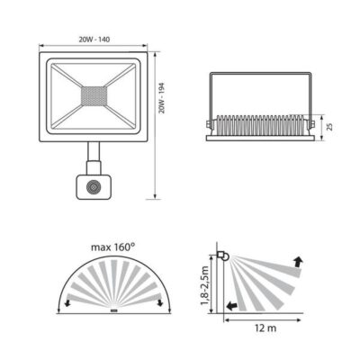 Vivalux VIV003974 LED прожектор със сензор NYX LED 20W черен 6400K IP44