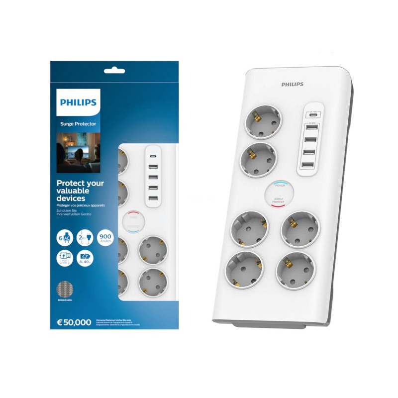 PHILIPS 4895229118430 РАЗКЛОНИТЕЛ С 6 ГНЕЗДА ШУКО+1xTypeC+4xUSBSURGE PROTECTOR SPN7060