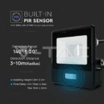 V-TAC VT-20282 10W LED Прожектор PIR Сензор SAMSUNG Чип Черно Тяло 6400K 1М Кабел