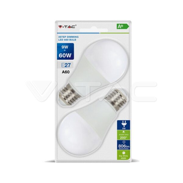 V-TAC VT-7290 LED Крушка 9W А60 Е27 3-Степенно Димиране Бяла Светлина Блистер 2 бр.