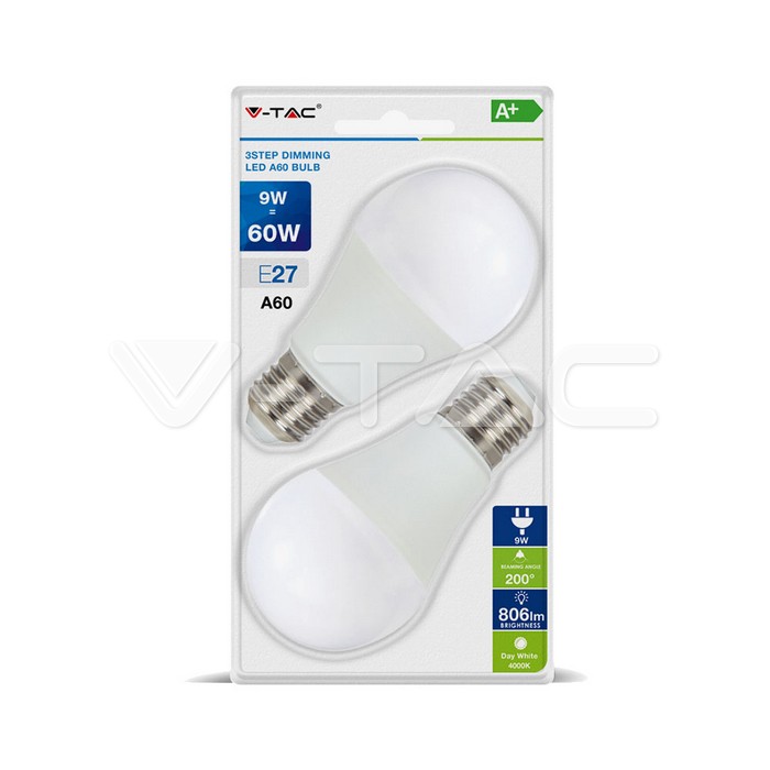 7288.jpg V-TAC VT-7290 LED Крушка 9W А60 Е27 3-Степенно Димиране Бяла Светлина Блистер 2 бр.
