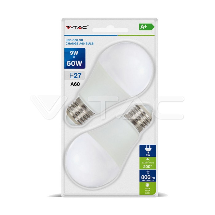 7309.jpg V-TAC VT-7309 LED Крушка 9W А60 Е27 Смяна на Цвета Топло Бяла Светлина 2бр.