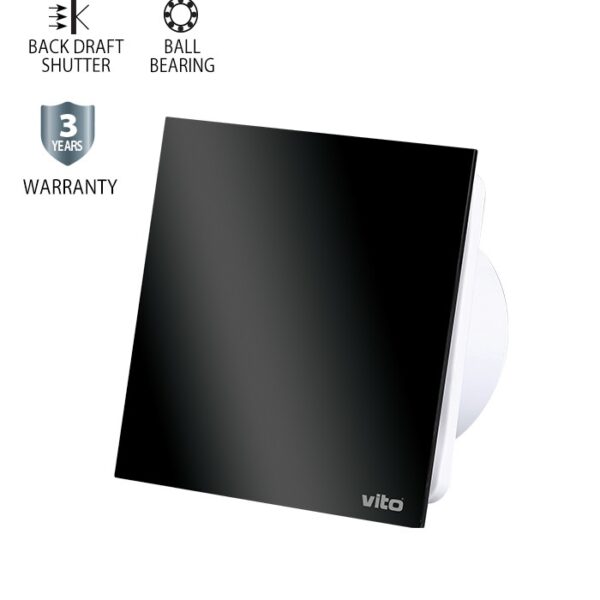 Vito 8005240 ВЕНТИЛАТОР ЗА БАНЯ VENTI-GL100/Φ100MM/СТЪКЛЕН ПАНЕЛ/ЛАГЕР И КЛАПА/ЧЕРЕН 12W