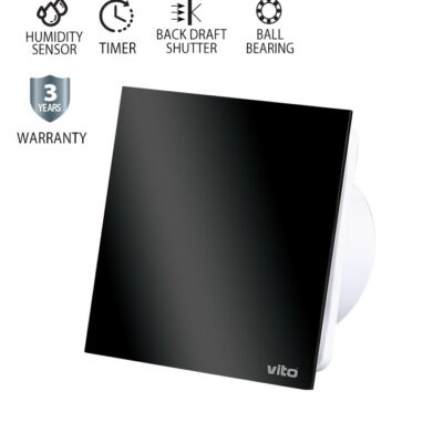 Vito 8005280 ВЕНТИЛАТОР ЗА БАНЯ VENTI-GL100S/Φ100MM/СТЪКЛЕН ПАНЕЛ/СЕНЗОР ЗА ВЛАЖНОСТ/ТАЙМЕР/ЛАГЕР/КЛАПА/ЧЕРЕН 12W