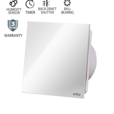 Vito 8005270 ВЕНТИЛАТОР ЗА БАНЯ VENTI-GL100S/ Φ100MM/СТЪКЛЕН ПАНЕЛ/СЕНЗОР ЗА ВЛАЖНОСТ/ТАЙМЕР/ЛАГЕР/КЛАПА/БЯЛ 12W