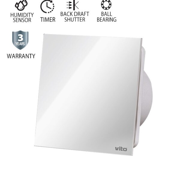 Vito 8005270 ВЕНТИЛАТОР ЗА БАНЯ VENTI-GL100S/ Φ100MM/СТЪКЛЕН ПАНЕЛ/СЕНЗОР ЗА ВЛАЖНОСТ/ТАЙМЕР/ЛАГЕР/КЛАПА/БЯЛ 12W