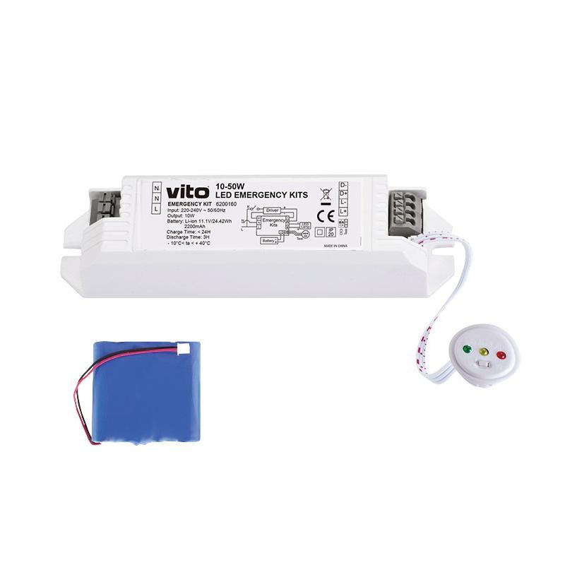 emergency-led-kit-10-50w-3x37v-2200mah-18650-li-ion-6200160-vito.jpg Vito 6200160 АВАРИЕН LED МОДУЛ 10-50W 3x3.7V 2200mAh 18650 LI-ION