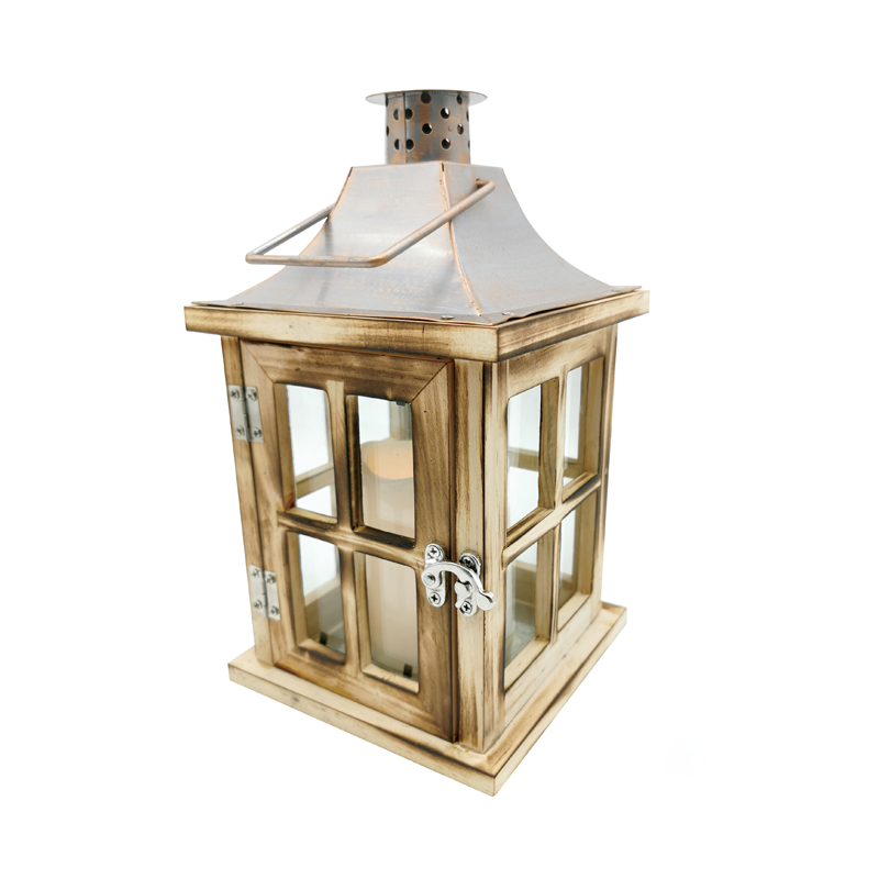 f06111222.png ACA Lighting F06111222 TORTE ретро дървен метален фенер – 1 LED бат. (3×AAA) топла светлина IP44 15×15×26см