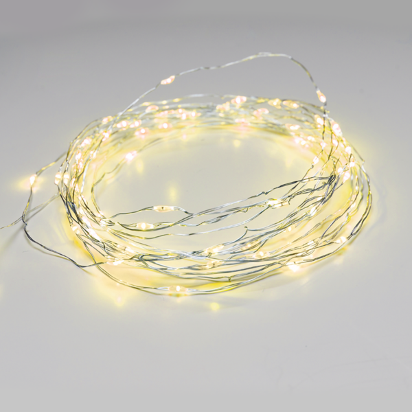 ACA Lighting X01100712 100 LED гирлянд жълта светлина сребриста медна тел адаптер 3V DC 8 функции IP44 10м + 3м 1.8W