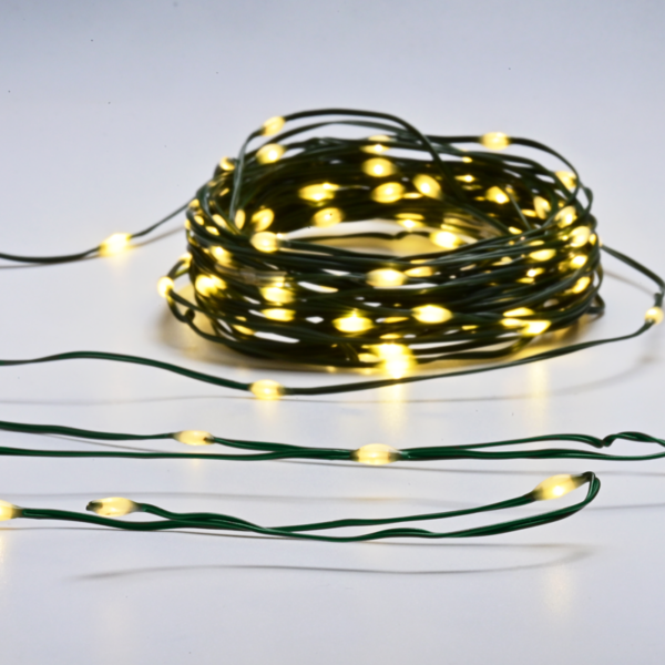 ACA Lighting X0410011262 SKIN LINE лампа – 100 LED топла светлина батерии 3×AA 8 функции IP44 10м 0.3м зелен кабел