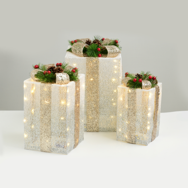 ACA Lighting X11901116 Комплект подаръчни кутии бяло и сребро шампанско-златна панделка 90 LED (20+30+40) топла светлина бат. 3×3AA IP20 30 36 41см