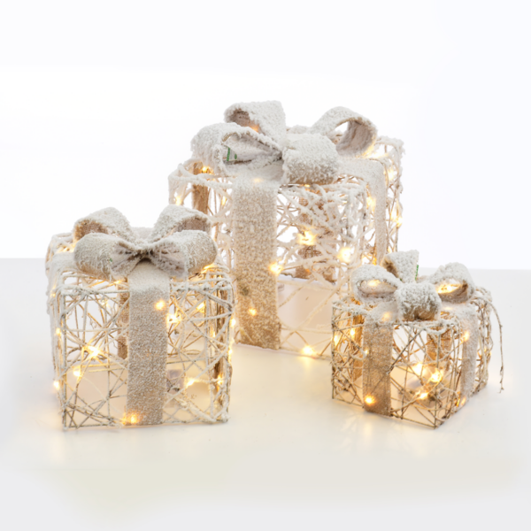 ACA Lighting X1190113 Комплект ратанови подаръчни кутии с естествена юта панделка 90 LED (20+30+40) бат. 3×3AA IP20 18 24 30см