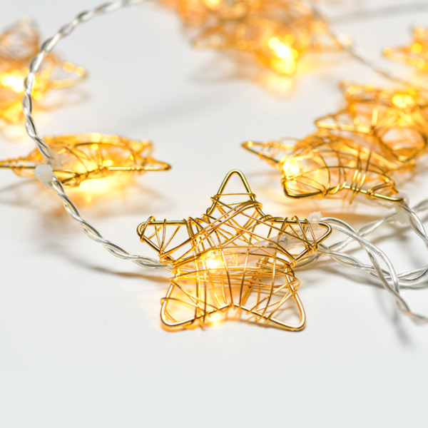 ACA Lighting XMGSTAR10WW2AT Метални звезди – 10 LED батерии 3×AA таймер (6 ON   18 OFF) топла светлина златен метал IP20 135 + 30см прозрачен кабел