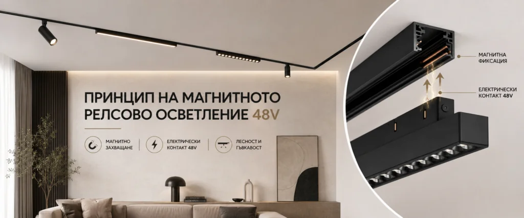 Принцип на магнитното релсово осветление 48V