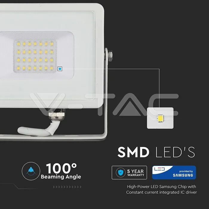 V-TAC VT-444 20W LED Прожектор SAMSUNG Чип SMD Бяло Тяло 6400K