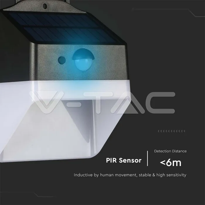 V-TAC VT-10309 2W LED Соларна Стенна Лампа със Сензор 4000K Черно-Бяла