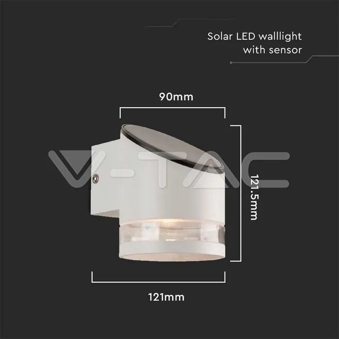 V-TAC VT-10395 1W LED Соларна Стенна Лампа SMD Бяло Тяло IP44 3000K
