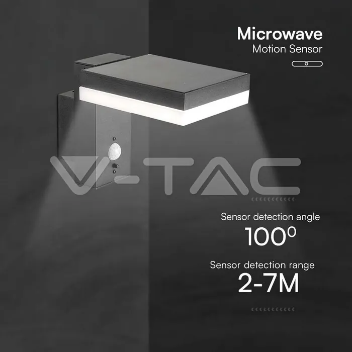 V-TAC VT-10402 5.5W LED Соларна Стенна Черна PIR Сензор Квадрат 3000K IP44