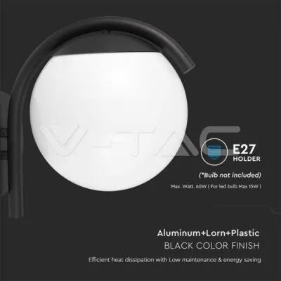 V-TAC VT-10420 E27 Стенен Аплик Черна Сфера PC Опал IP44
