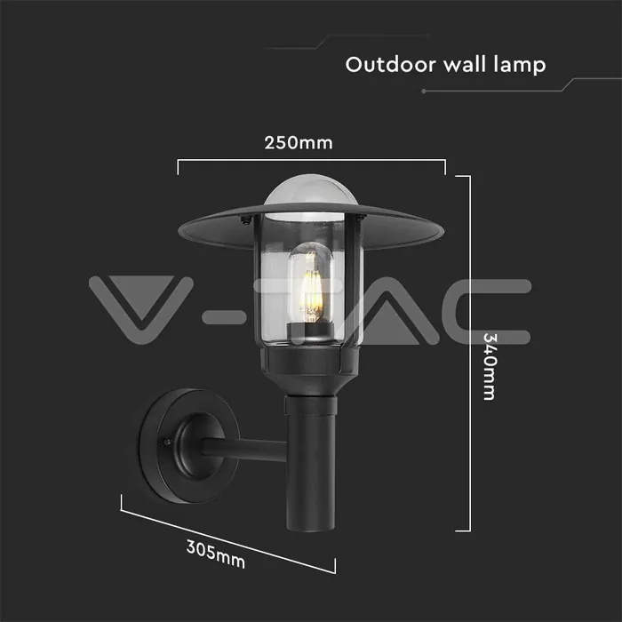 V-TAC VT-10422 E27 Стенен Аплик Черен Цилиндър Шапка Стъкло IP44