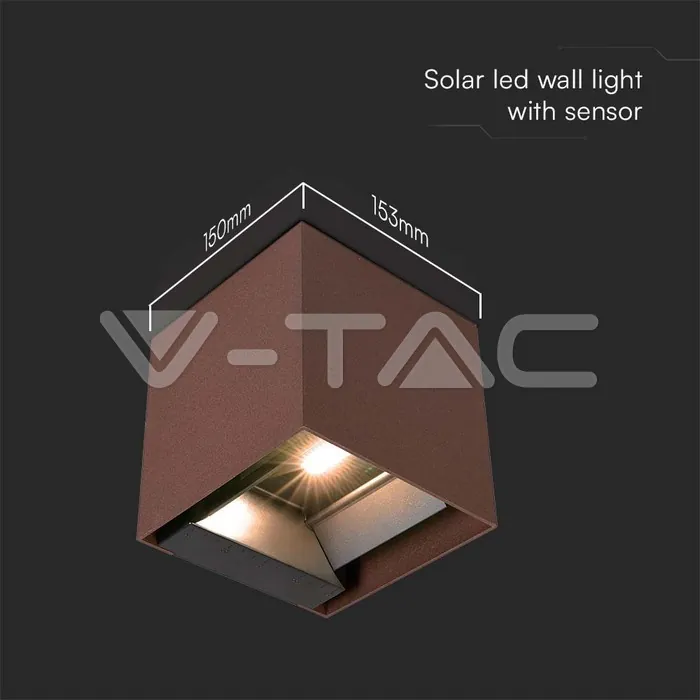 V-TAC VT-11888 9W COB LED Соларна Стенна Батерия 1x2600mAh 16ч. 3000K Corten Тяло IP65