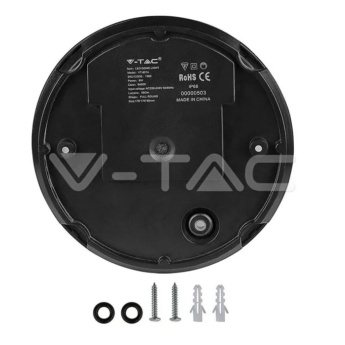 V-TAC VT-1262 8W Плафониера Кръг Черно Тяло 3000K IP66