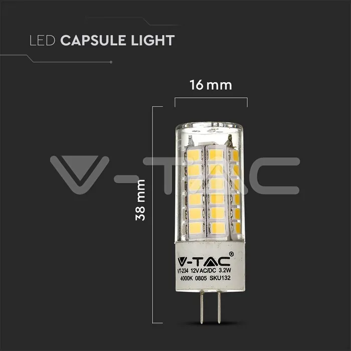V-TAC VT-133 LED Крушка SAMSUNG Чип 3.2W G4 6400K