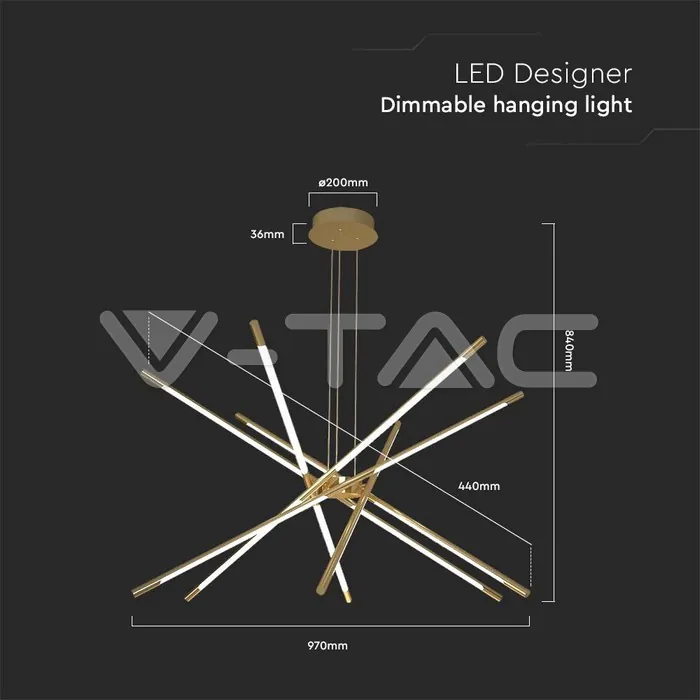 V-TAC VT-15343 LED Осветител 50W Висящ 85*31*120CM Златно Тяло 3000K