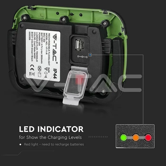 V-TAC VT-20037 10W LED Прожектор SAMSUNG Чип Презаредим USB + SOS Функция IP44 4000K