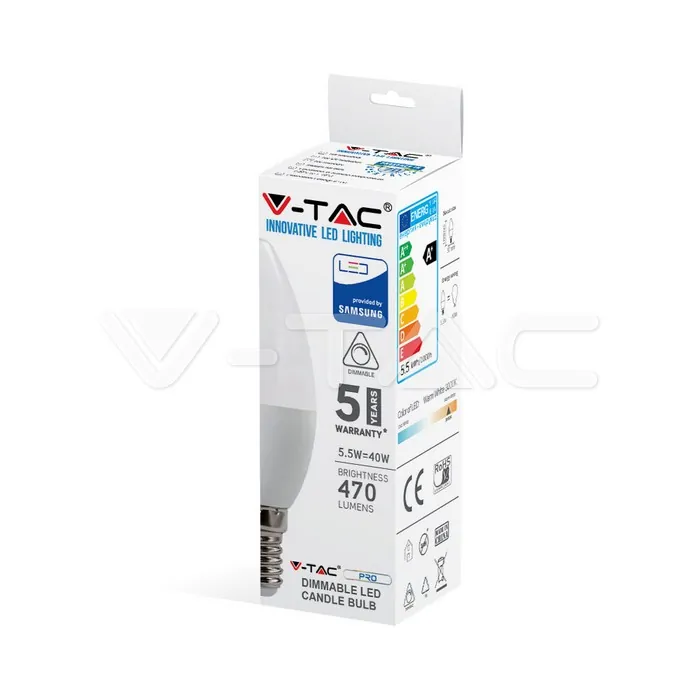 V-TAC VT-20186 LED Крушка SAMSUNG Чип 5.5W E14 C37 Кендъл Димиращ 4000K