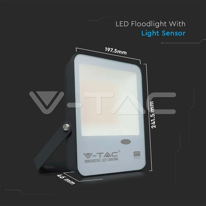 V-TAC VT-20173 50W LED Прожектор Със Светлинен Сензор SAMSUNG Чип Черно Тяло 4000K 100 lm/W